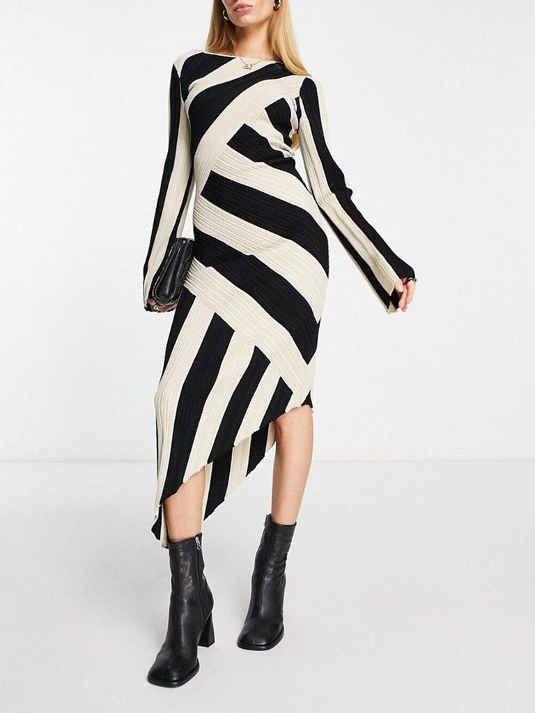 Black And White Stripe Knitted Asymmetric Midi Dress