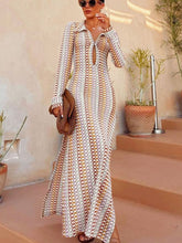 Load image into Gallery viewer, Boho Collared V Neck Split Wavy Striped Crochet Beach Vacation Maxi Dress - Brown