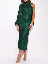 Load image into Gallery viewer, Sequins Halterneck Asymmetry Midi Dress