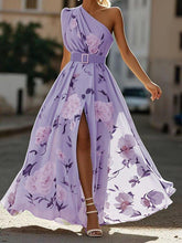 Load image into Gallery viewer, Light Green Floral Ruched One Shoulder A-Line Maxi Chiffon Dress
