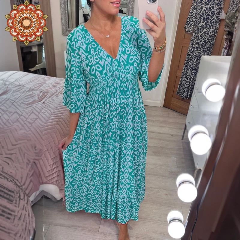 Bohemian Casual Print V-Neck Shirred Waist Long Dress