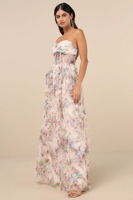 Stunning Element Mesh Ruffled Strapless Maxi Dress