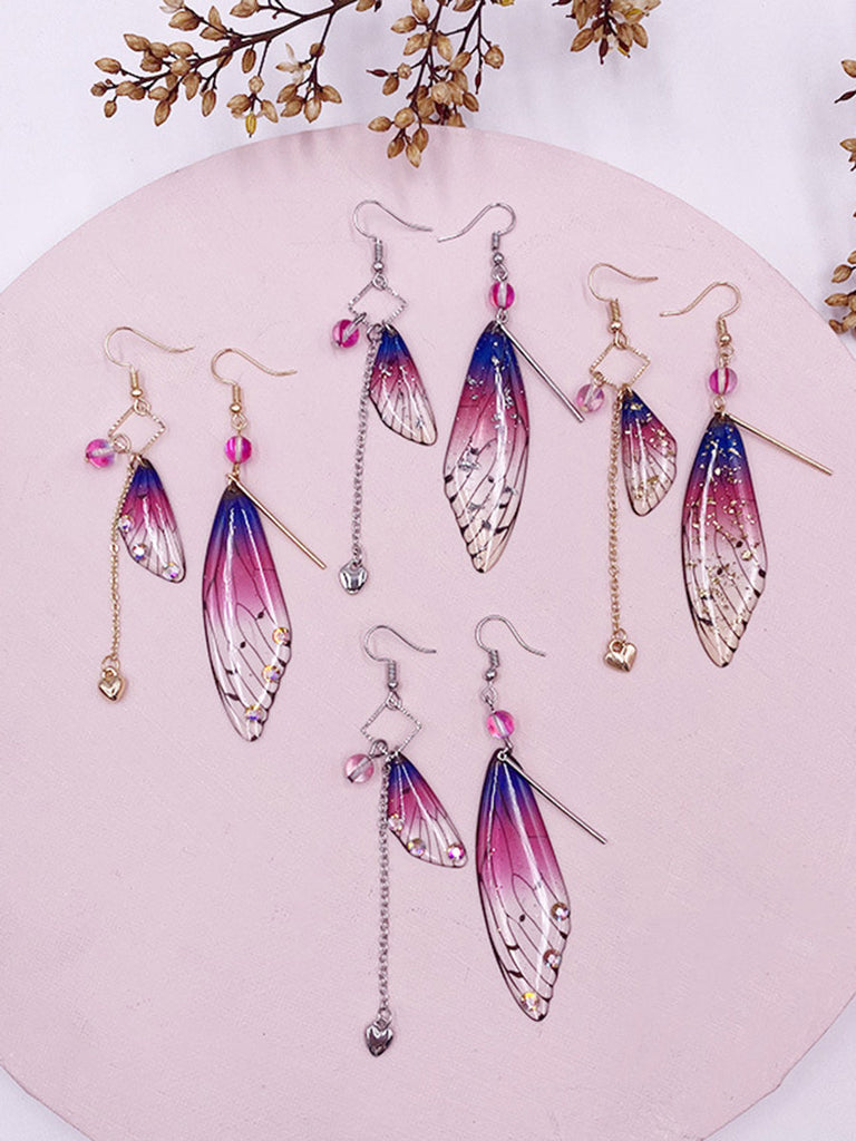 Boucles d'oreilles à pampilles en forme d'aile de cigale en feuille d'or violette et aile de papillon