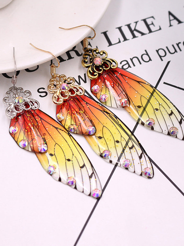 Boucles d'oreilles en cristal d'aile de cigale avec strass jaunes et ailes de papillon