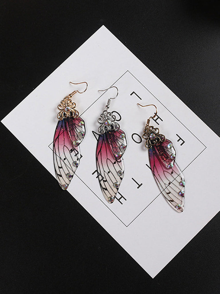 Boucles d'oreilles ailes de papillon en cristal violet avec strass et ailes de cigale