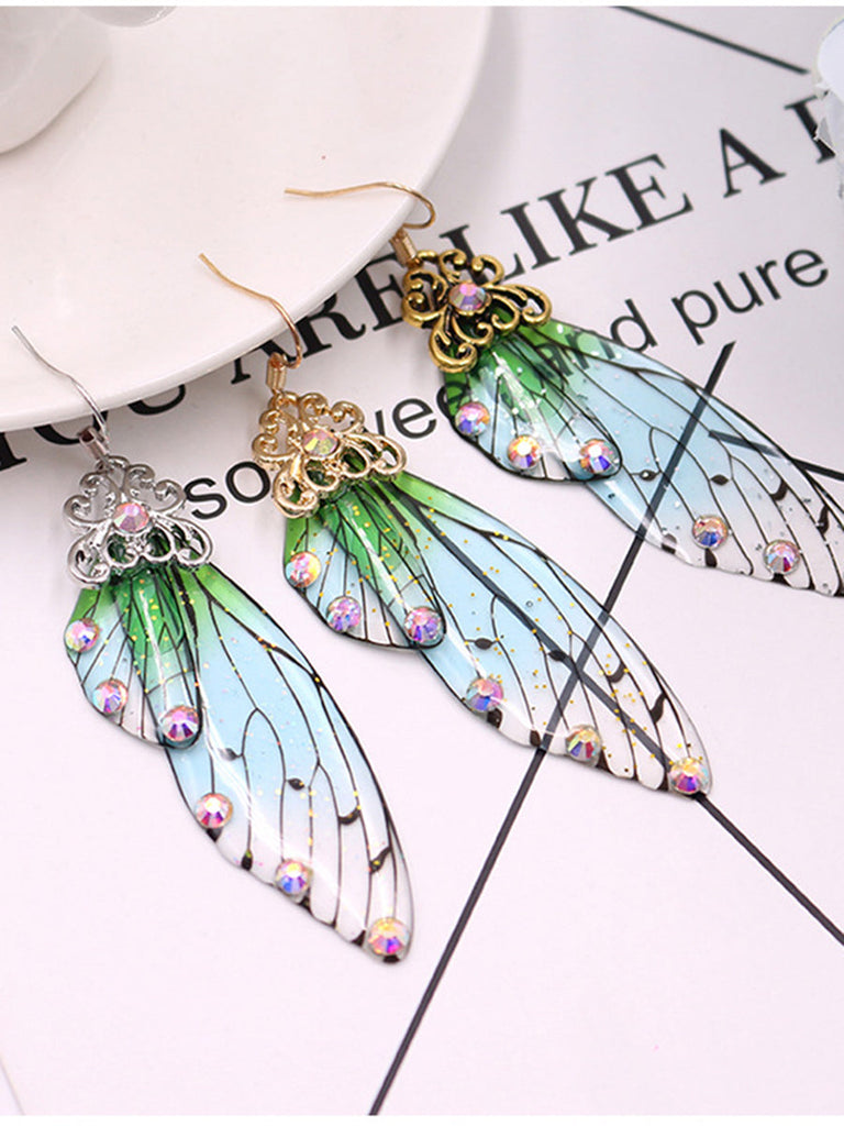 Boucles d'oreilles ailes de cigale en cristal strass vert aile de papillon 