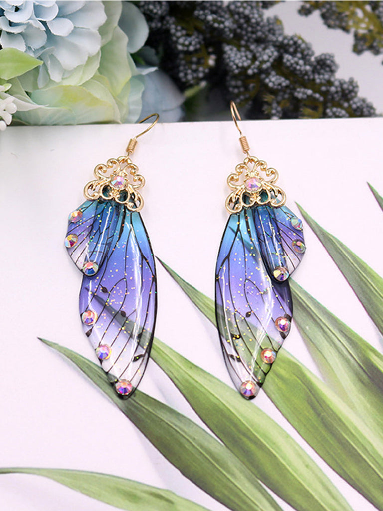 Boucles d'oreilles en cristal d'aile de cigale avec strass bleu et ailes de papillon