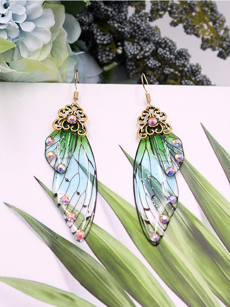 Boucles d'oreilles ailes de cigale en cristal strass vert aile de papillon 