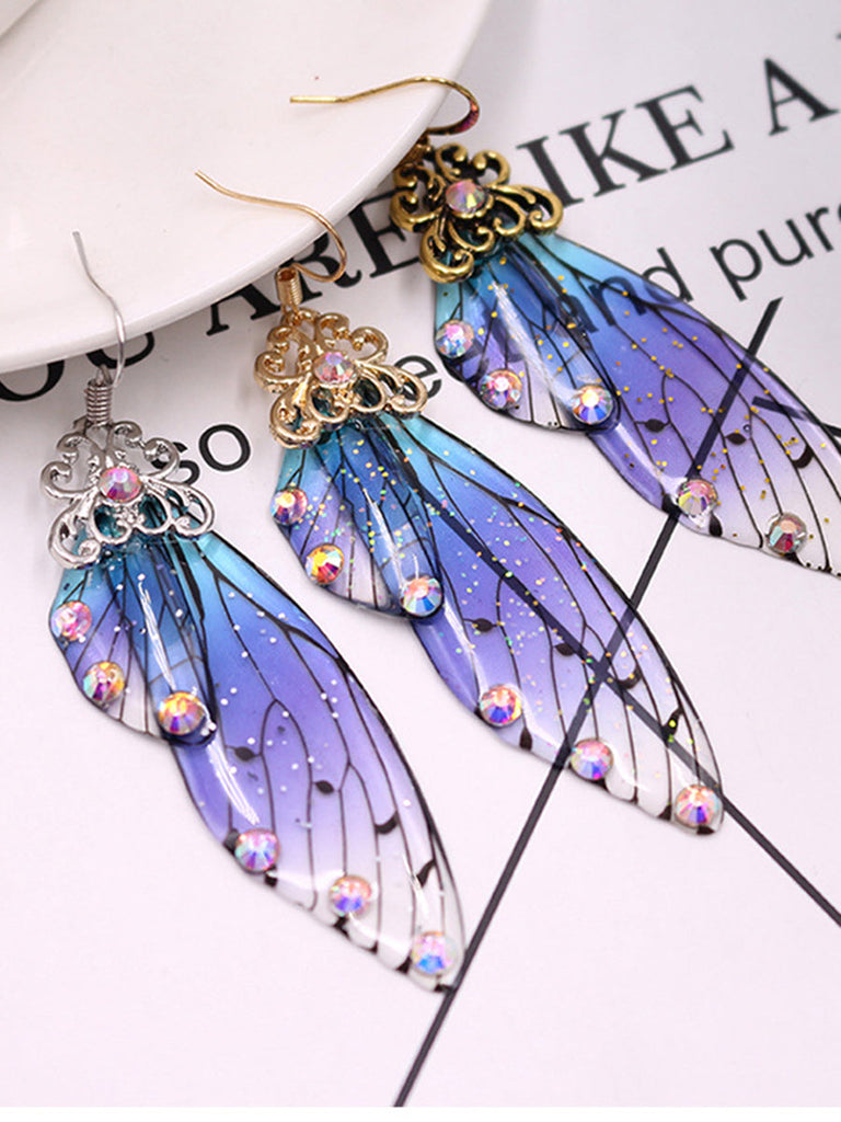 Boucles d'oreilles en cristal d'aile de cigale avec strass bleu et ailes de papillon