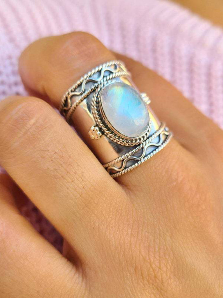 Bague Boho Moon Light Stone avec vagues d'eau