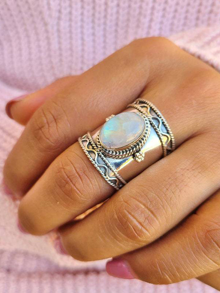 Bague Boho Moon Light Stone avec vagues d'eau