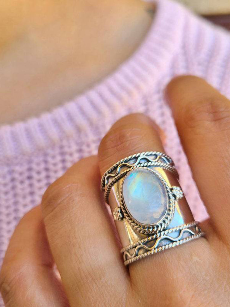 Bague Boho Moon Light Stone avec vagues d'eau