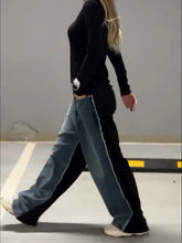Görseli Galeri görüntüleyiciye yükleyin, Black Denim Patchwork Raw Edge Jeans