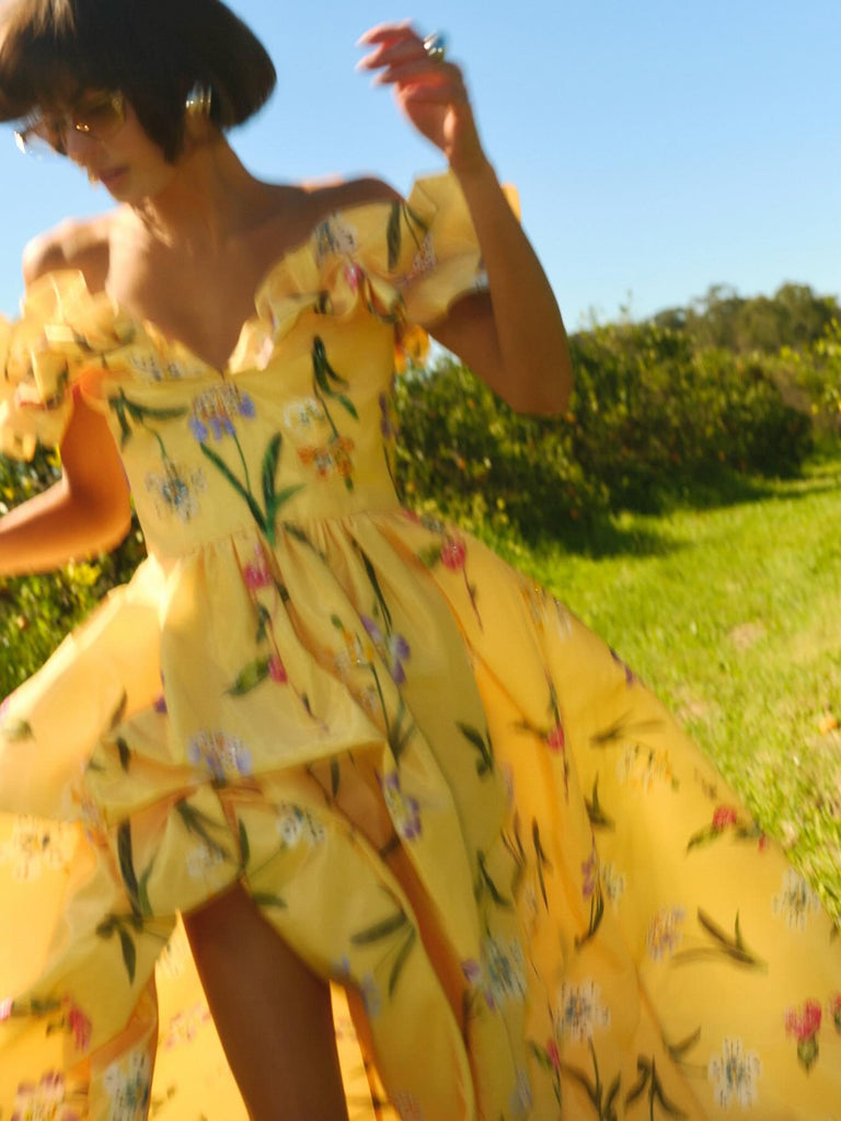 Off-the-shoulder Printed Hem Slit Party Maxi Dress