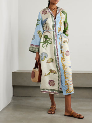 Belted printed twill midi shirt dress
