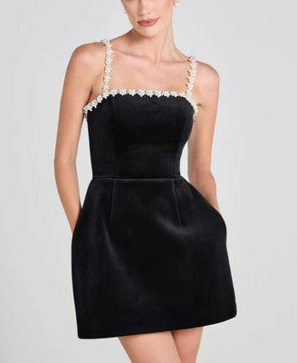 Sweet Poetry Velvet Pearl Trim Straps Pocketed Tulip Style Mini Dress