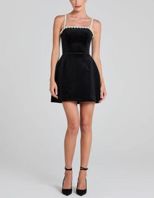 Sweet Poetry Velvet Pearl Trim Straps Pocketed Tulip Style Mini Dress