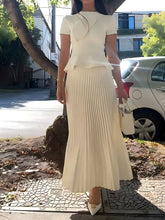 Load image into Gallery viewer, Crepe Knit Cravat Top &amp; Pleated Suiting Maxi Skirt
