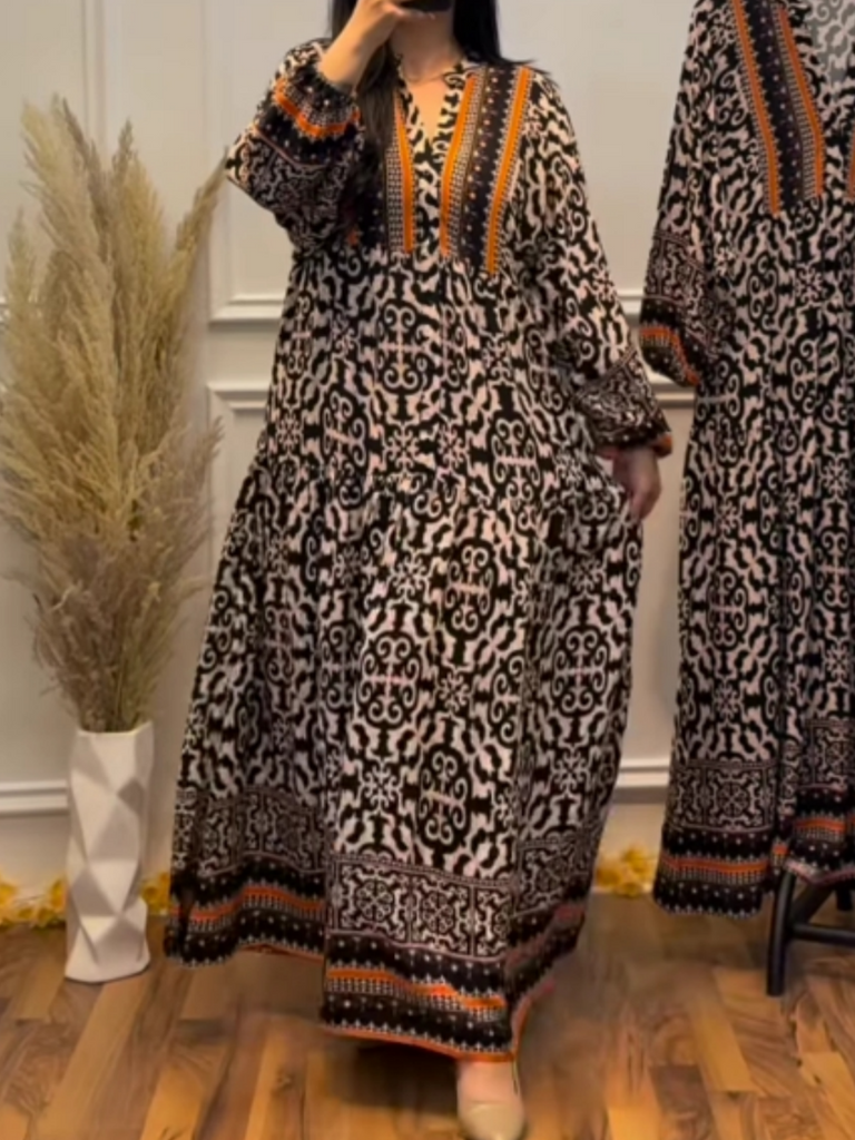 Contrast color V-neck long sleeve printed dress