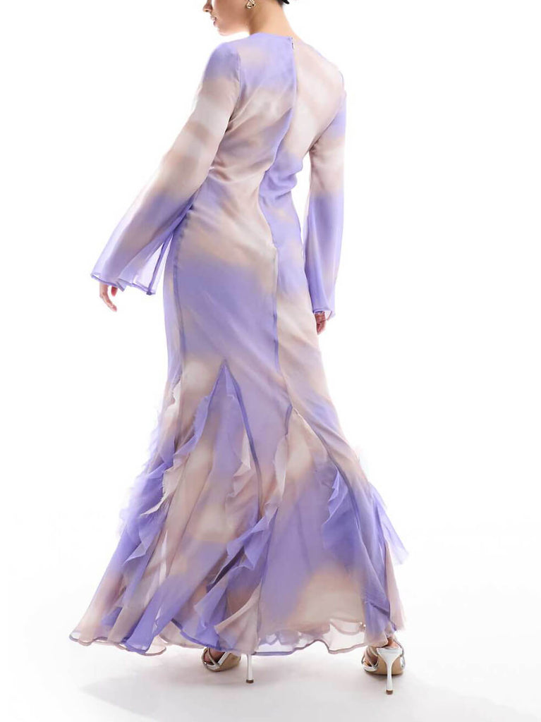 Purple Abstract Print Ruffles Chiffon Maxi Dress