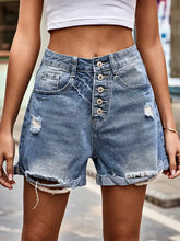 Load image into Gallery viewer, Button-Up Ripped Cuffed Denim Shorts