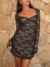 Carica l&#39;immagine nel visualizzatore di Gallery, Lace Print U Neck Long Sleeve Mini Dress