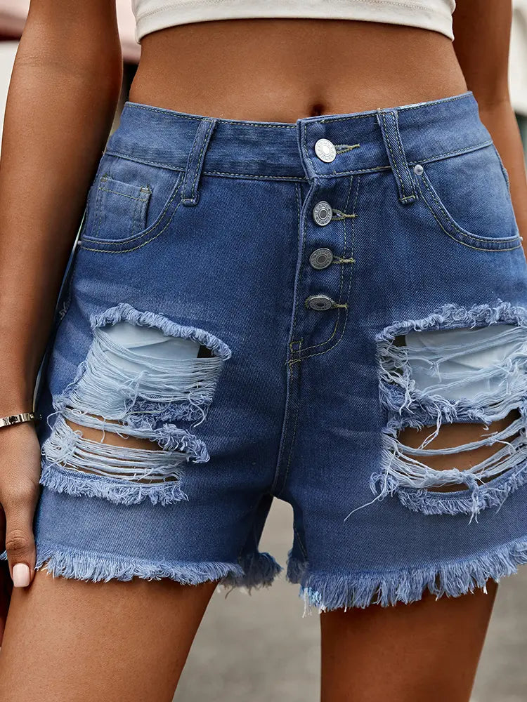 Button-Up Distressed Frayed Hem Denim Shorts