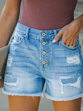Load image into Gallery viewer, Distressed Patchwork Fringe Button-Up Denim Shorts