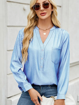 Chic Button-Down V-Neck Denim-Look Blouse
