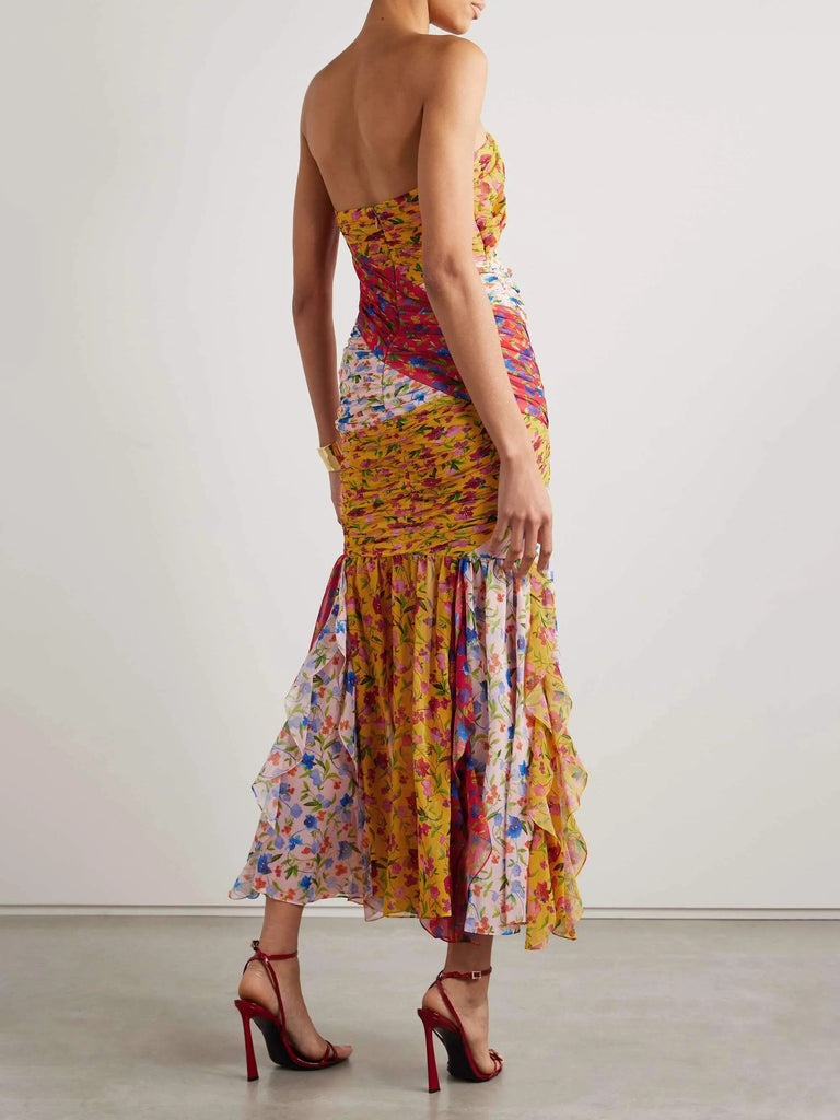 Unique Paneled Pleated Floral Print Midi Dress