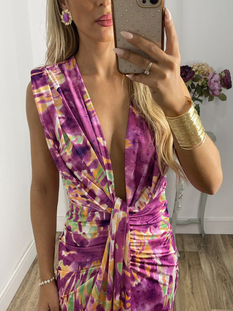 Robe longue nouée à fronces et décolleté plongeant en V Tie-Dye