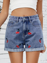 Load image into Gallery viewer, Embroidered Cherry Denim Shorts