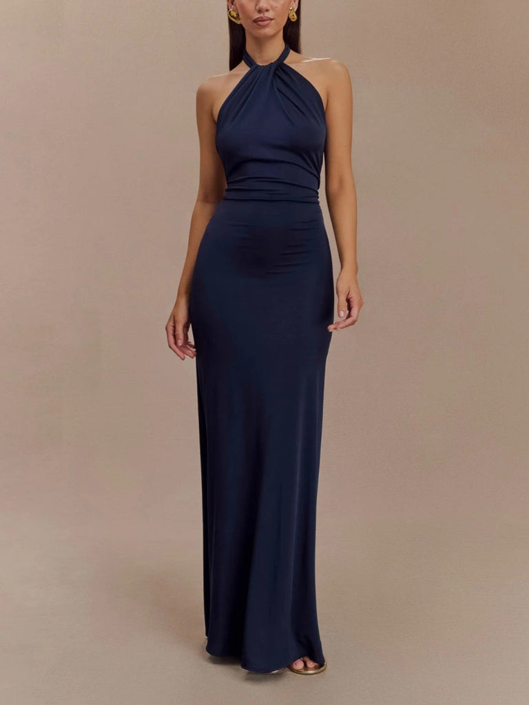 Slinky Halter Maxi Dress - Navy