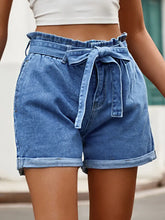 Load image into Gallery viewer, High-Waist Drawstring Denim Shorts with Bow