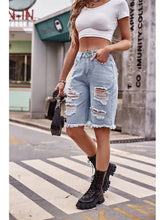 Load image into Gallery viewer, Slim-Fit Washed Denim Distressed 5-Inch Shorts