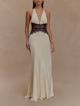 Load image into Gallery viewer, Deep V silk satin maxi dress with halterneck