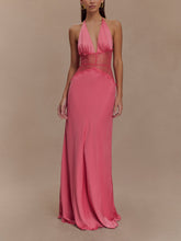 Load image into Gallery viewer, Deep V silk satin maxi dress with halterneck