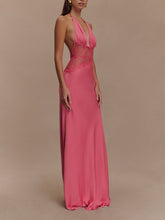 Load image into Gallery viewer, Deep V silk satin maxi dress with halterneck