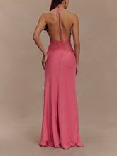 Load image into Gallery viewer, Deep V silk satin maxi dress with halterneck