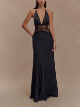 Load image into Gallery viewer, Deep V silk satin maxi dress with halterneck