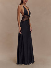 Load image into Gallery viewer, Deep V silk satin maxi dress with halterneck