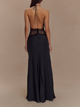 Load image into Gallery viewer, Deep V silk satin maxi dress with halterneck
