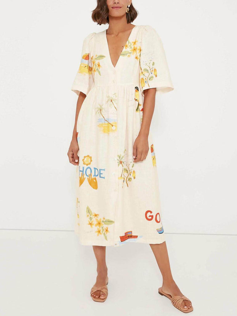 UNIQUE HOLIDAY FOLK FLORAL PRINT PUFF SLEEVE MIDI DRESS