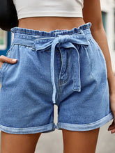 Load image into Gallery viewer, High-Waist Drawstring Denim Shorts with Bow