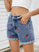 Load image into Gallery viewer, Embroidered Cherry Denim Shorts