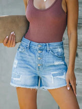 Load image into Gallery viewer, Distressed Patchwork Fringe Button-Up Denim Shorts