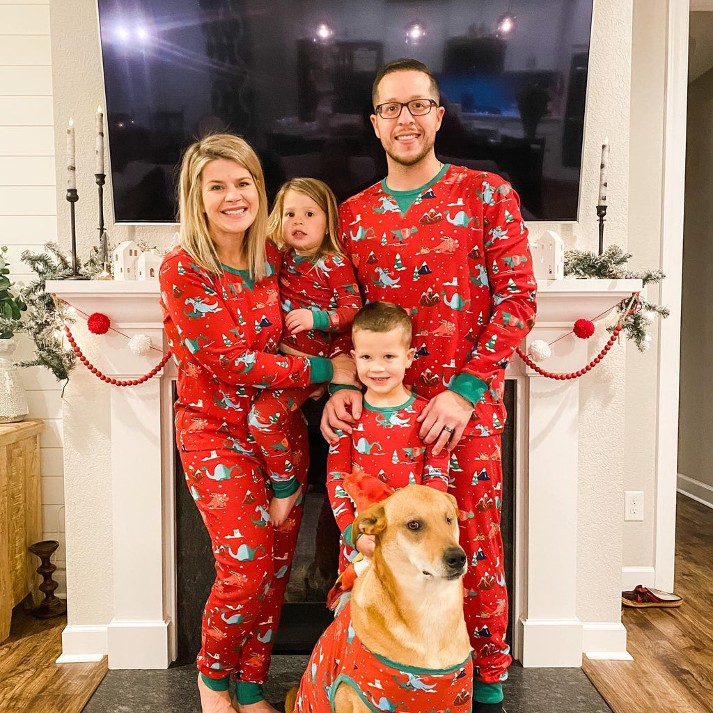 Ensembles de pyjamas assortis pour la famille avec motif de dinosaures rouges mignons