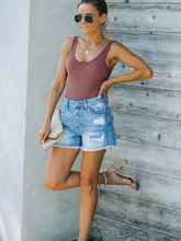 Load image into Gallery viewer, Distressed Patchwork Fringe Button-Up Denim Shorts