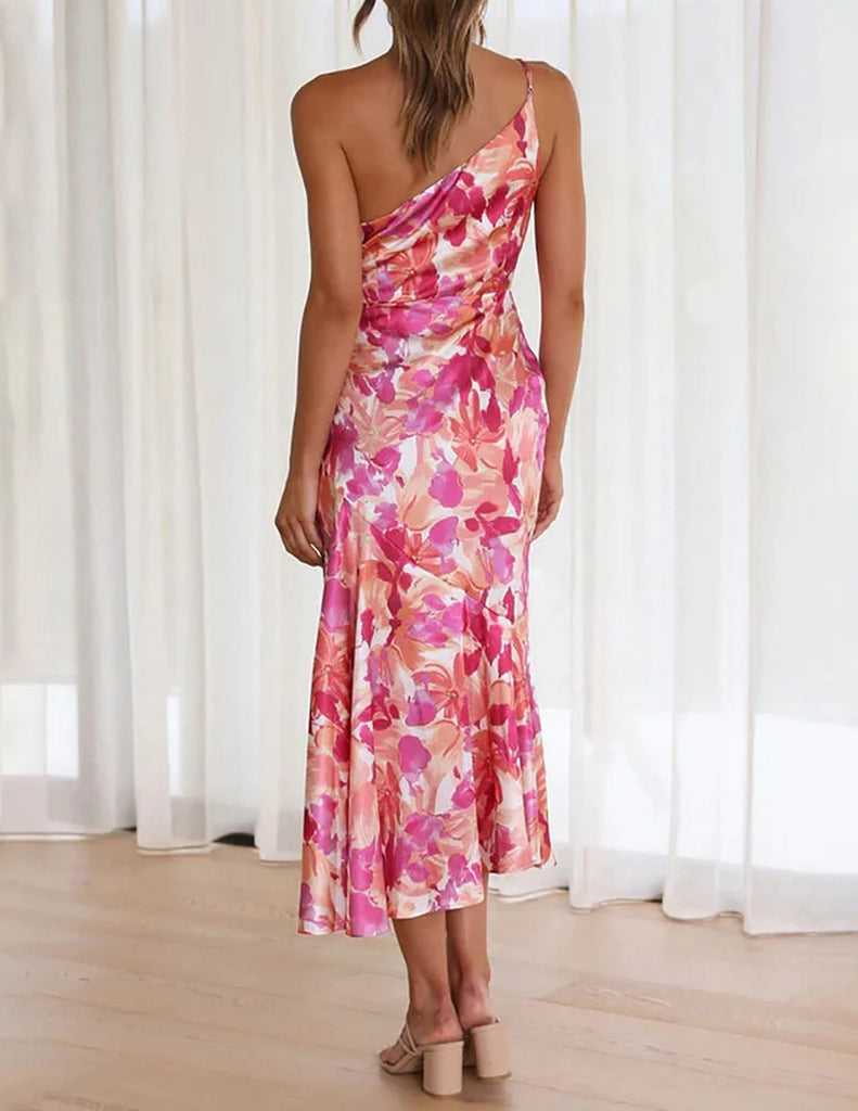 Pink Floral One Shoulder Ruched Satin Dress