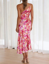 Load image into Gallery viewer, Pink Floral One Shoulder Ruched Satin Dress